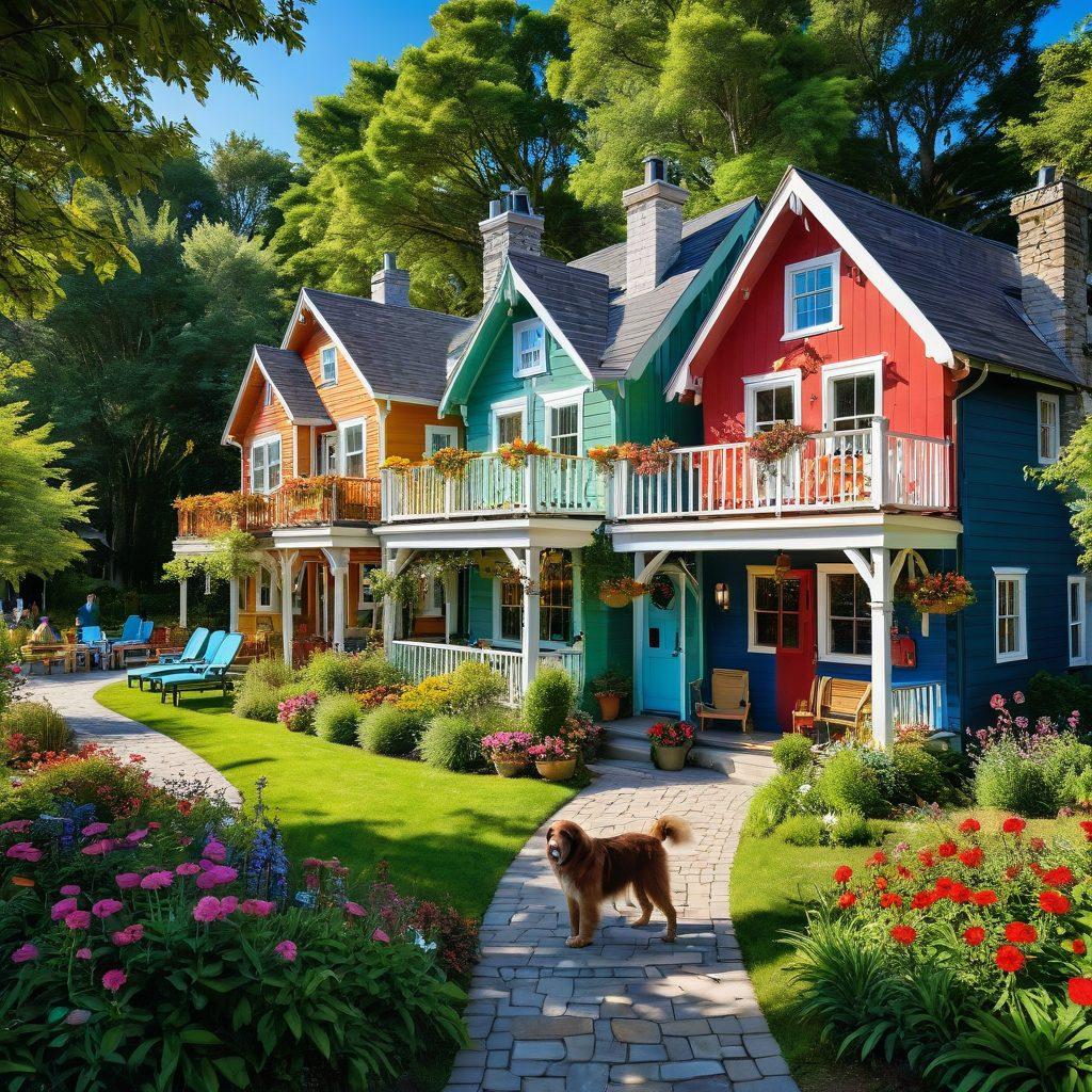 A vibrant, inviting scene of various cheerful accommodations such as cozy cottages, bright hotel rooms, and unique Airbnbs set in lush green surroundings under a clear blue sky. Include happy travelers of diverse backgrounds enjoying their stay, with contrasting decor styles showcasing warmth and comfort. Add elements like cups of coffee, colorful flowers, and playful pets to enhance the atmosphere. super-realistic. bright colors. 3D.