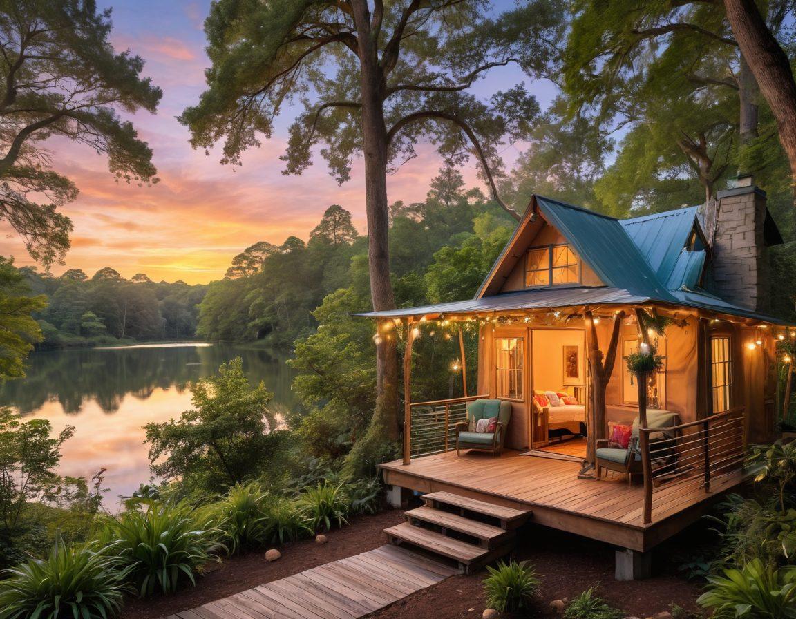 A serene vacation home nestled in a lush green forest, complete with a cozy porch and a hammock swaying between two trees. In the foreground, a calming lake reflects the vibrant sunset, while unique accommodations like a treehouse and glamping tent are visible in the background. Soft fairy lights illuminate the scene, creating a warm and inviting atmosphere. A couple enjoying a cup of coffee, immersed in nature, completes the idyllic escape. super-realistic. vibrant colors. peaceful ambiance.