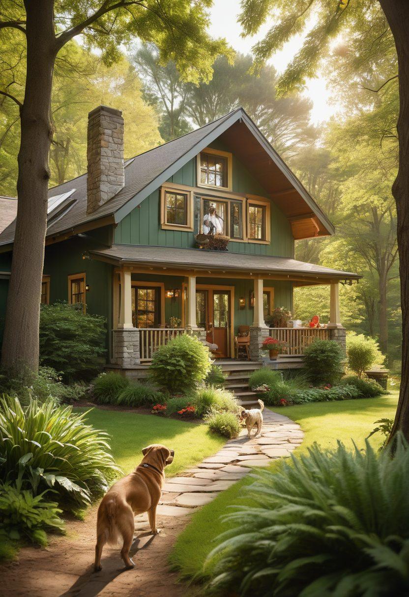 An inviting scene showcasing a cozy family-friendly lodge in a lush green environment, with a playful dog and a happy family enjoying their time. In the background, a charming pet-friendly rental cottage with a dog bowl and toys outside. Bright sunlight filtering through trees, creating a warm and welcoming atmosphere. Emphasize the connection between families and pets at a scenic getaway destination. vibrant colors. super-realistic.